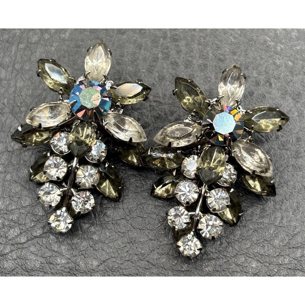Vintage Large Statement Rhinestone Earrings Gray AB Crystal Clip On Silver Tone